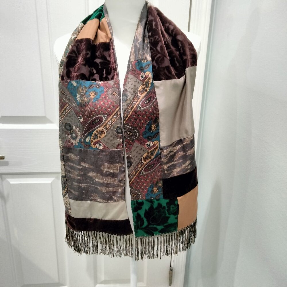 Scarf, Italian Burnout Velvet and Silk Patchwork, Fringed, Reversible, NWOT